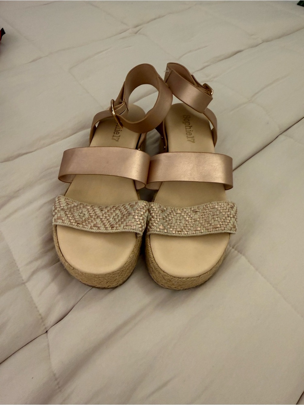 Sophie17 Rose Gold Wedge Sandals with Braided Toe Strap